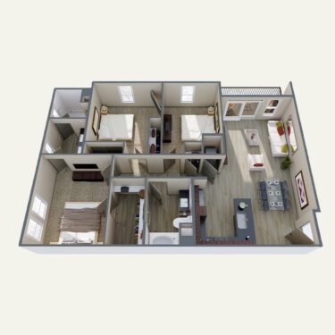 Rendering of the C1 Alt floor plan with 3 bedroom[s] and 2 bathroom[s] at Double R