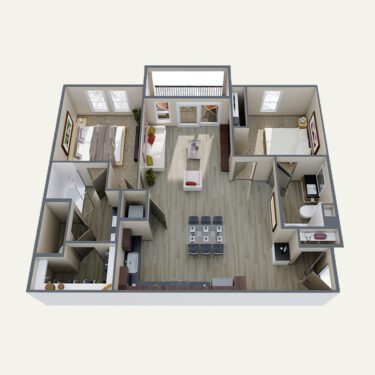 Rendering of the B3 floor plan with 2 bedroom[s] and 2 bathroom[s] at Double R