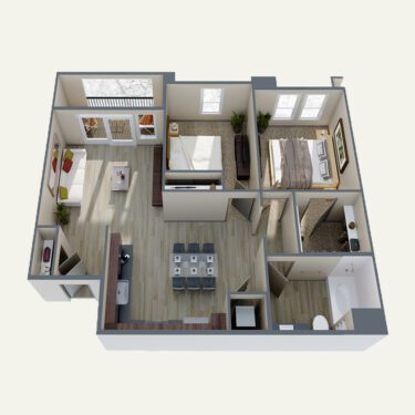 Rendering of the B1 floor plan with 2 bedroom[s] and 1 bathroom[s] at Double R
