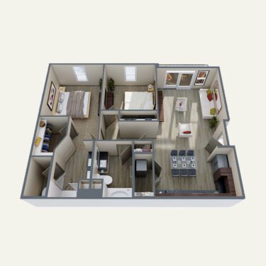Rendering of the B2 floor plan with 2 bedroom[s] and 2 bathroom[s] at Double R