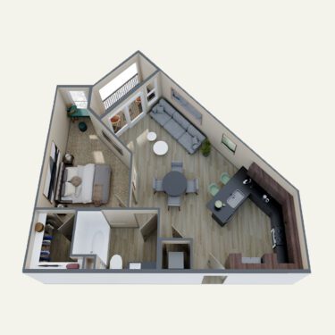 Rendering of the A2 floor plan with 1 bedroom[s] and 1 bathroom[s] at Double R