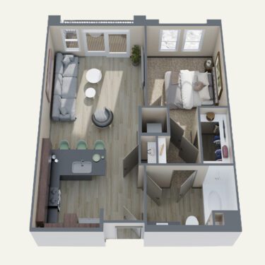 Rendering of the A1 floor plan with 1 bedroom[s] and 1 bathroom[s] at Double R