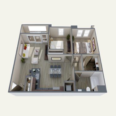 Rendering of the B1 Alt floor plan with 2 bedroom[s] and 1 bathroom[s] at Double R