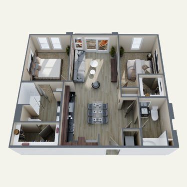Rendering of the B5 floor plan with 2 bedroom[s] and 2 bathroom[s] at Double R