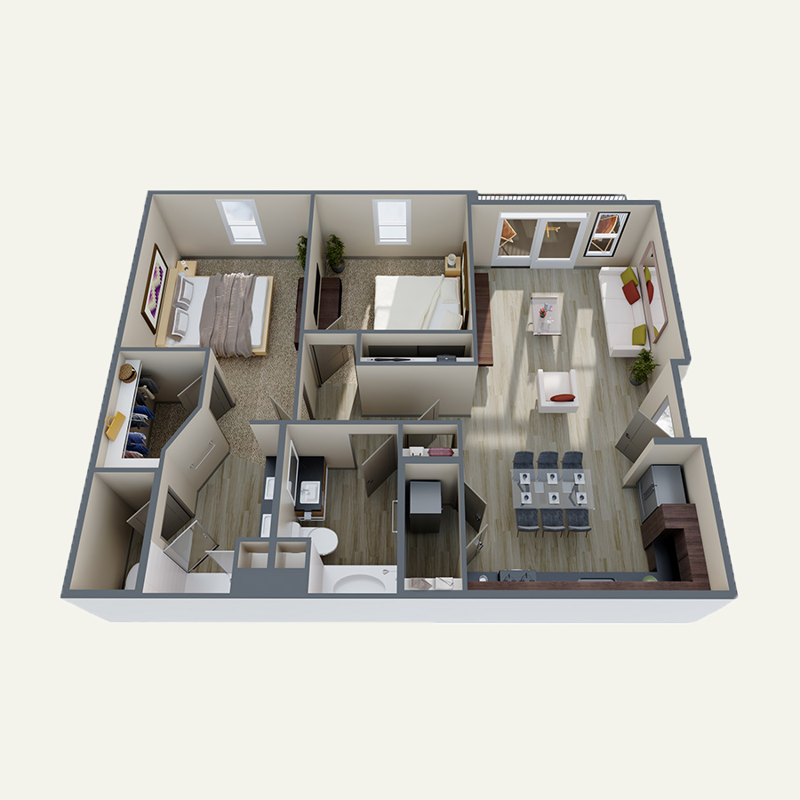 Rendering of the B2 floor plan with 2 bedroom[s] and 2 bathroom[s] at Double R