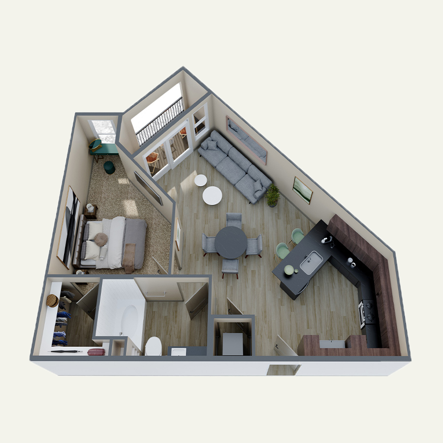 Rendering of the A2 floor plan with 1 bedroom[s] and 1 bathroom[s] at Double R