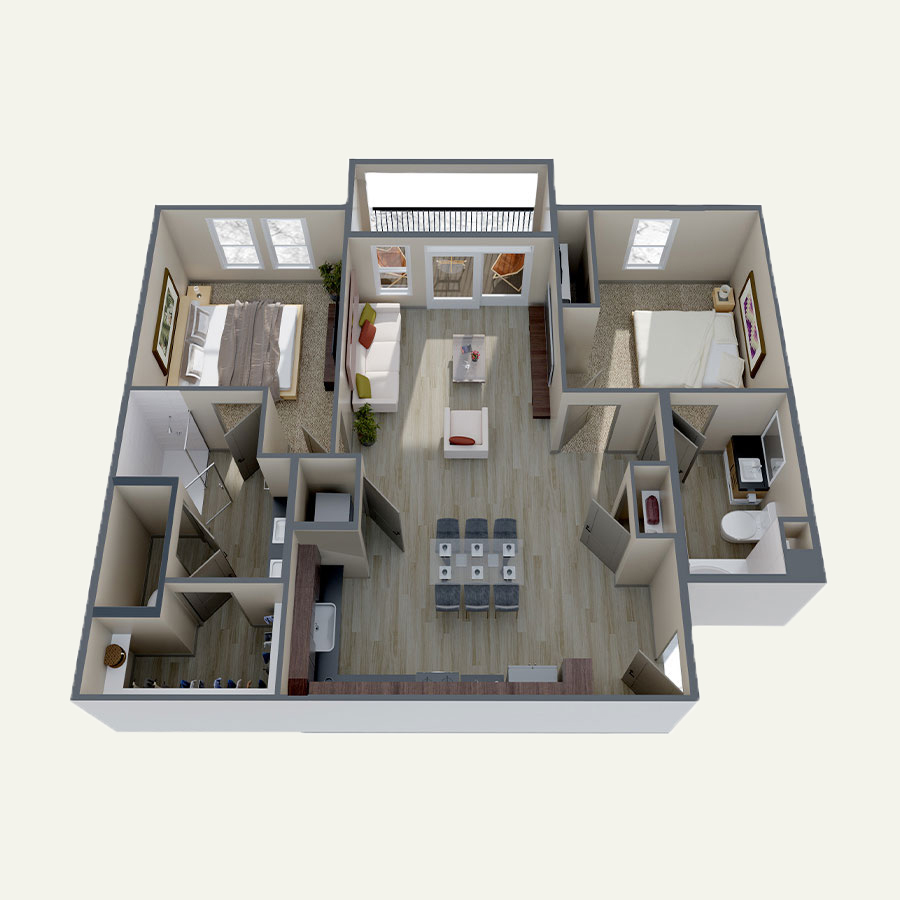 Rendering of the B3 Alt floor plan with 2 bedroom[s] and 2 bathroom[s] at Double R