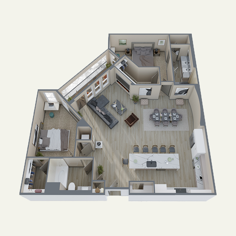 Rendering of the Penthouse floor plan with 2 bedroom[s] and 2 bathroom[s] at Double R