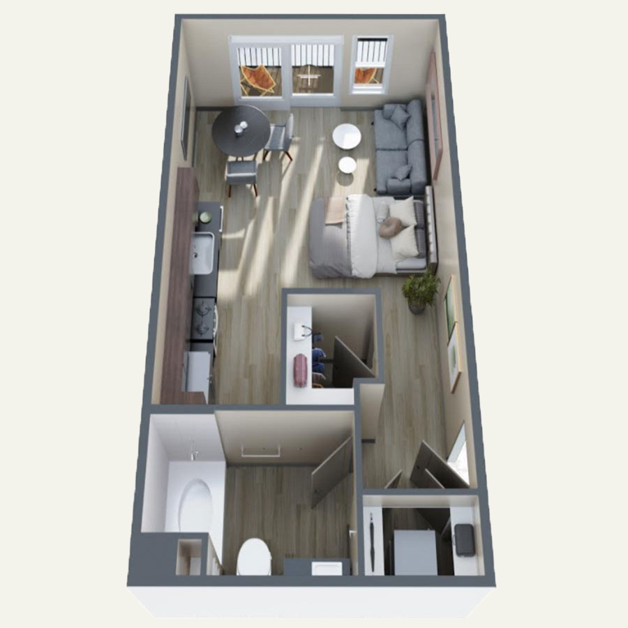 Rendering of the S1 floor plan with a Studio bedroom and 1 bathroom[s] at Double R