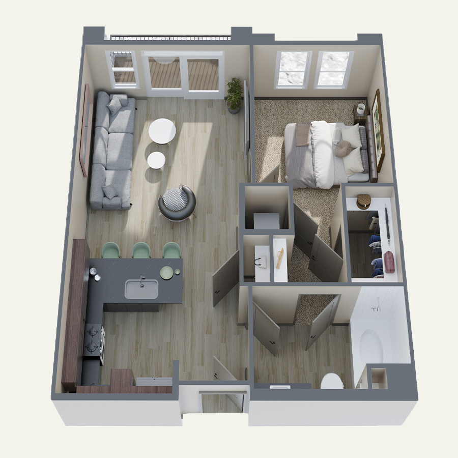 Rendering of the A1 floor plan with 1 bedroom[s] and 1 bathroom[s] at Double R