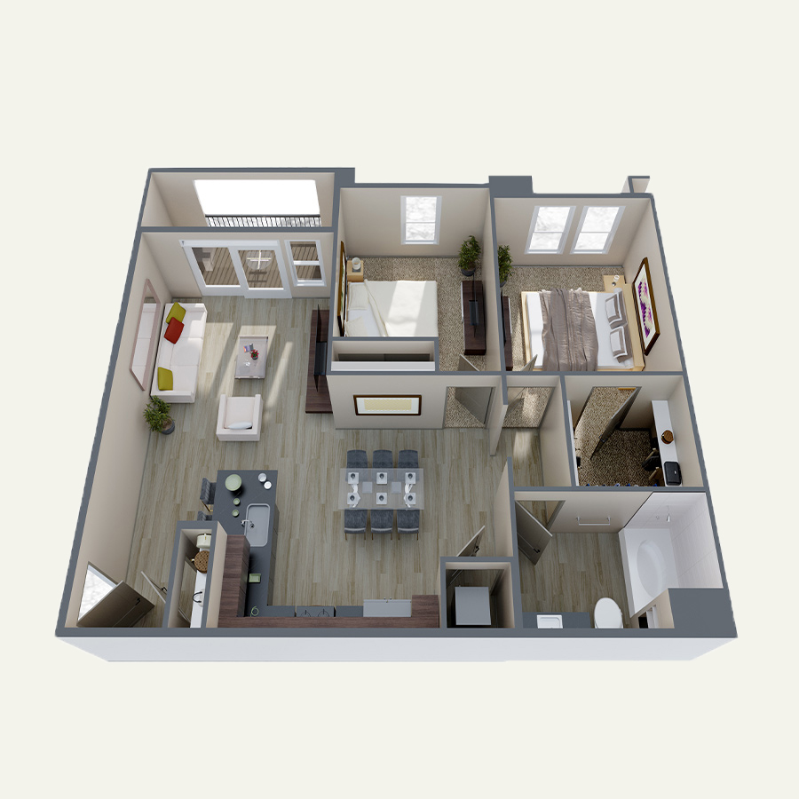 Rendering of the B1 Alt floor plan with 2 bedroom[s] and 1 bathroom[s] at Double R