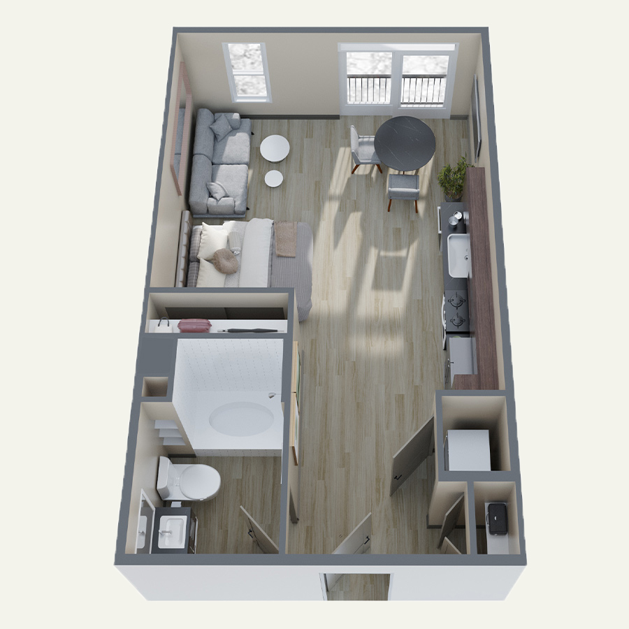 Rendering of the S2 floor plan with a Studio bedroom and 1 bathroom[s] at Double R