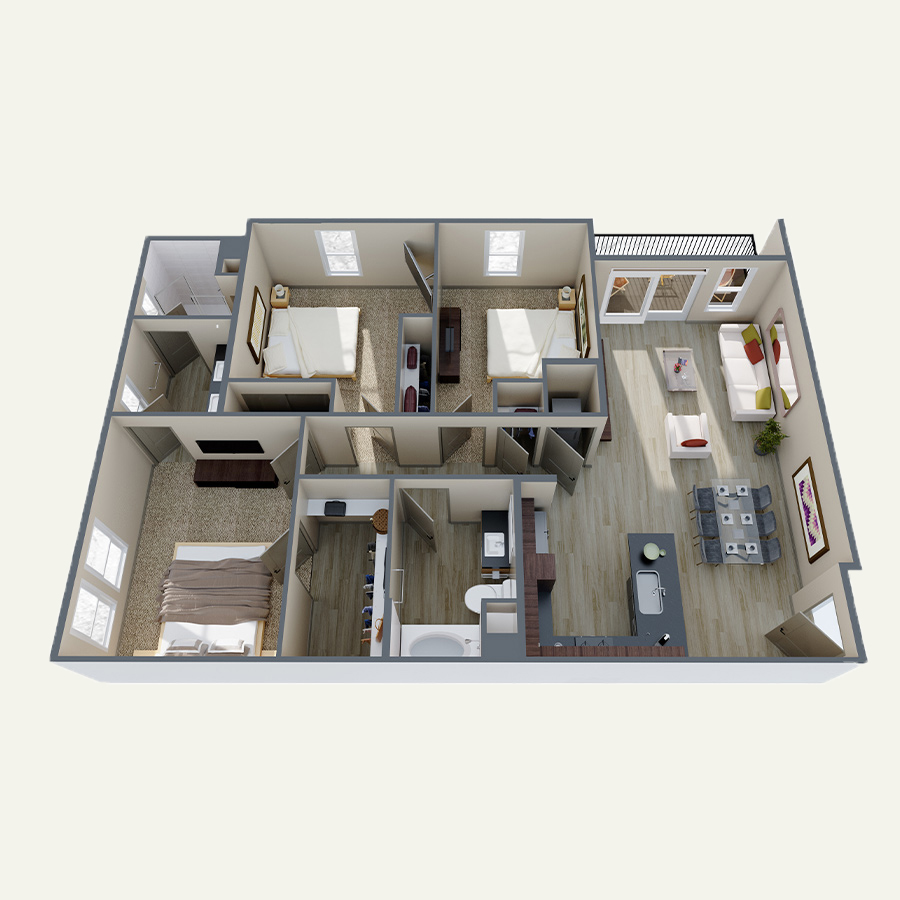 Rendering of the C1 Alt floor plan with 3 bedroom[s] and 2 bathroom[s] at Double R
